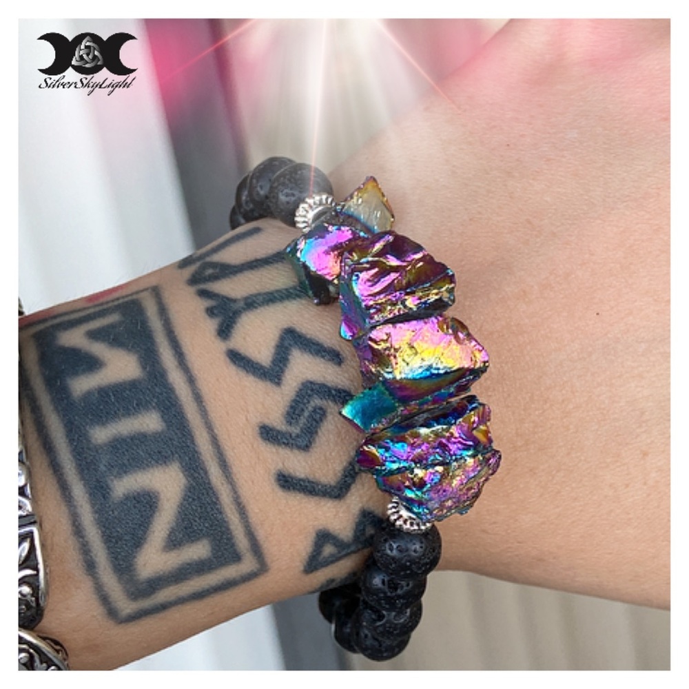 Druzy Titanium bracelet . purple yellow druzy iridescent quartz & lava beads